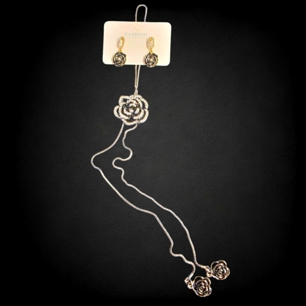 Silver And Black Camellia Flower Pendant Necklace And Earrings Set